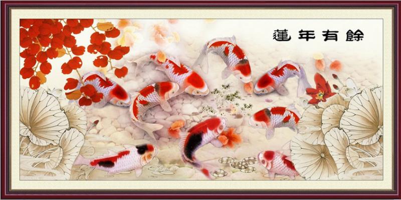 Tranh Thêu Chữ Thập 3D Chín Cá Hội Tụ Tiền Tài