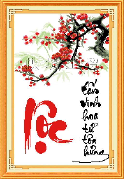 Tranh Thêu Chữ Thập Lộc Đào Đỏ