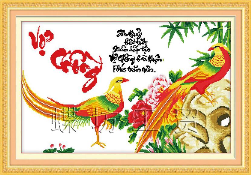 Tranh Thêu Chữ Thập Sơn Thuỷ Hữu Tình Xuân Bất Tận, Vợ Chồng Hoà Thuận Phúc Trăm Năm