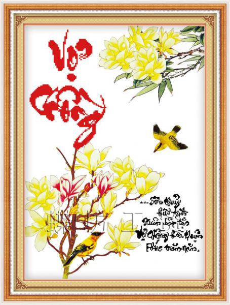 Tranh Thêu Chữ Thập Sơn Thuỷ Hữu Tình Xuân Bất Tận, Vợ Chồng Hoà Thuận Phúc Trăm Năm