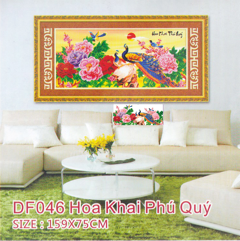 Tranh đá hạt tròn kim cương Hoa Khai Phú Quý