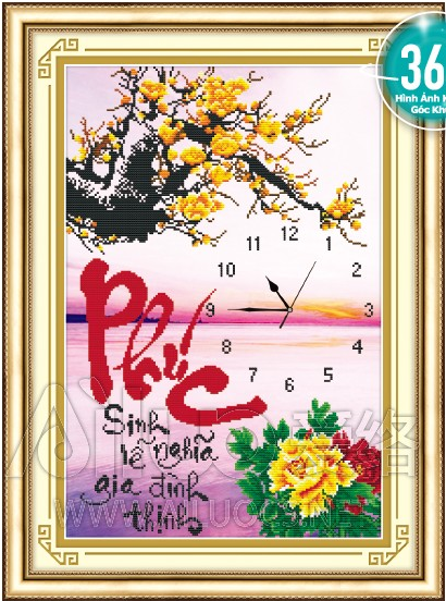 Tranh gắn đá hạt tròn Cành Mai Vàng-Phúc Sinh Lễ Nghĩa Gia Đình Thịnh