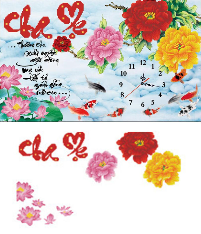 Tranh gắn đá nổi kim cương AB Thương Cha Xuôi Ngược Giữa Dòng, Mẹ Yêu Tất Tả Gánh Gồng Nuôi Con