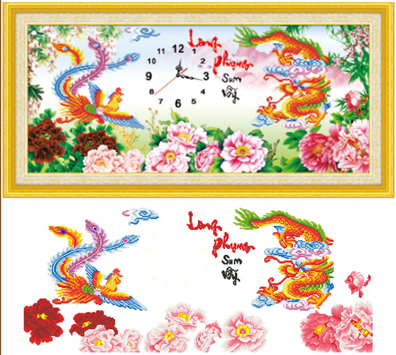 Tranh Đính Đá ABC 3D Đồng Hồ Long Phụng Sum Vầy