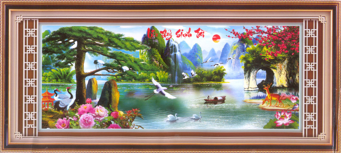 Tranh Thêu Chữ Thập 3D kết hạt ngọc châu, hạt hoa mai Lưu Thủy Sinh Tài